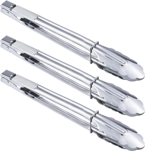 Vista 11 de HINMAY Pinzas pequeñas de acero inoxidable para servir alimentos, cocinar, asar ensaladas (7 pulgadas, 3 piezas)