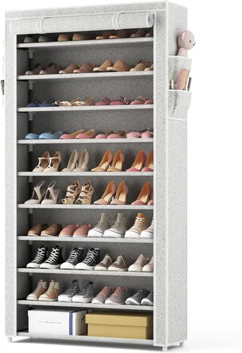 Vista 14 de ROJASOP Zapatero con cubiertas, organizador de zapatos grande de 10 niveles, almacenamiento alto para 20-22 pares de zapatos y botas, organizador