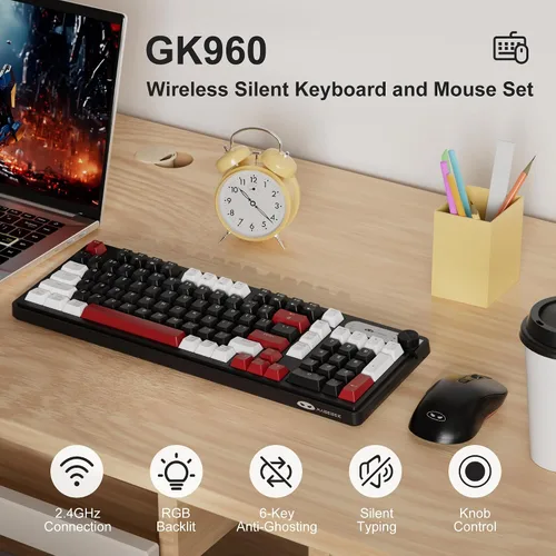 Vista 2 de MageGee V990 Combo de teclado y mouse inalámbricos cremosos, 99 teclas RGB retroiluminado recargable silencioso teclado para juegos, mouse óptico