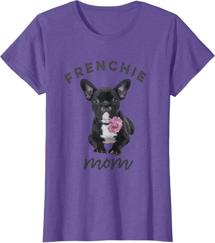 Vista 21 de Camiseta Bulldog Francés para Mujer, Frenchie Mom, Flor, Negro, S