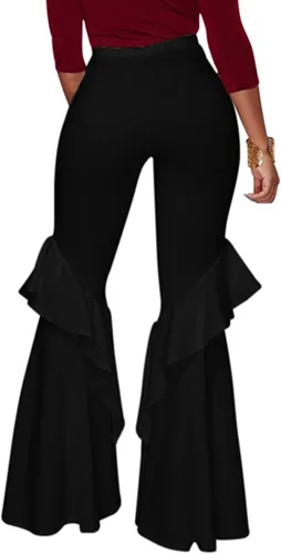Vista 3 de GUOLEZEEV - Pantalones de cintura alta con volantes estilo flare para mujer, pierna ancha, color liso negro#1