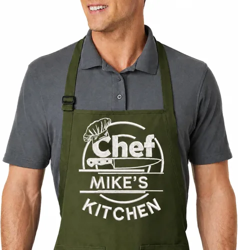 Vista 9 de Delantal bordado personalizado con nombre personalizado. Delantal de calidad profesional para hombres y mujeres. Diseño de cocina