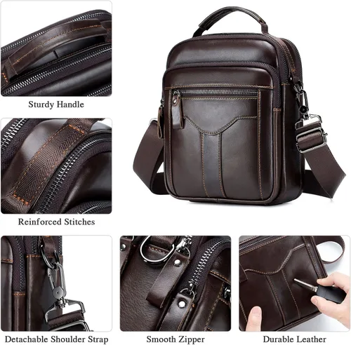 Vista 5 de BAIGIO Bolso bandolera de cuero genuino para hombre, bolso de mensajero pequeño para hombre, bolso de cuero para regalo de padre