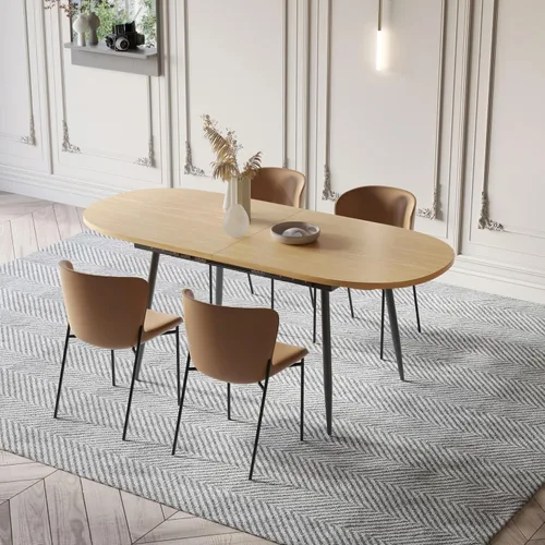 Vista 7 de Mesa de comedor extensible de 75 x 32 pulgadas, mesa ovalada de madera con patas de metal, ahorro de espacio, extensible de 59 a 75 pulgadas