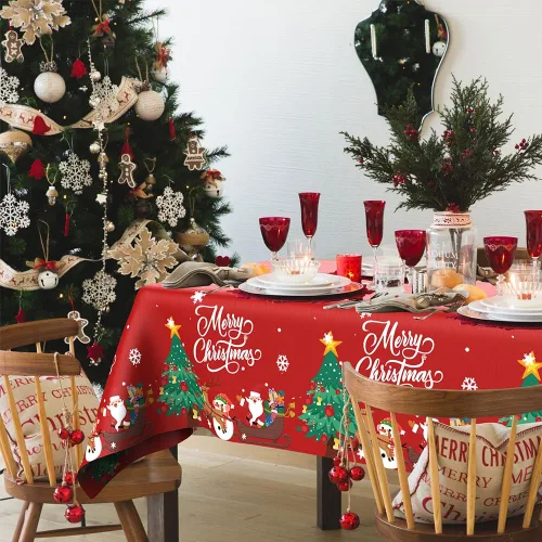 Vista 5 de Mantel de Navidad, 2 piezas de mantel desechable de plástico rojo, mantel de 54 x 108 pulgadas para decoraciones de Navidad, mantel de árbol