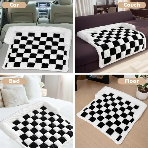 Vista 6 de LiveGo Fundas mullidas para sofá para mascotas, funda de sofá mullida, funda de sofá mullida color crema, cuadrada, a cuadros, alfombra de felpa