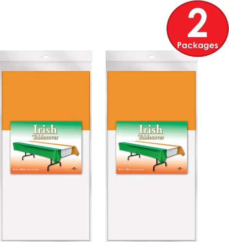 Vista 6 de Beistle Mantel irlandés, 54 x 108 pulgadas, 2 piezas, mantel de plástico, mantel rectangular, a rayas, día de San Patricio, decoraciones del día