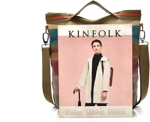Vista 6 de Bolsa de hombro de lona para mujer, multicolor, casual, con asa superior, bandolera, Rayado, talla única