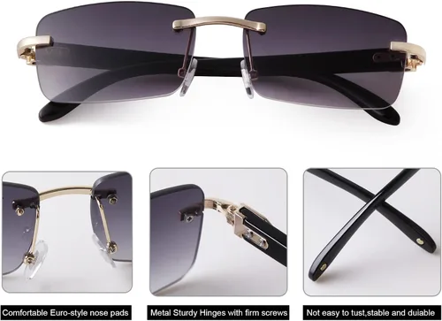 Vista 5 de Laurinny Lentes de sol rectangulares de metal dorado con lente tintada, patillas de madera de los años 90, gafas retro para mujeres y hombres