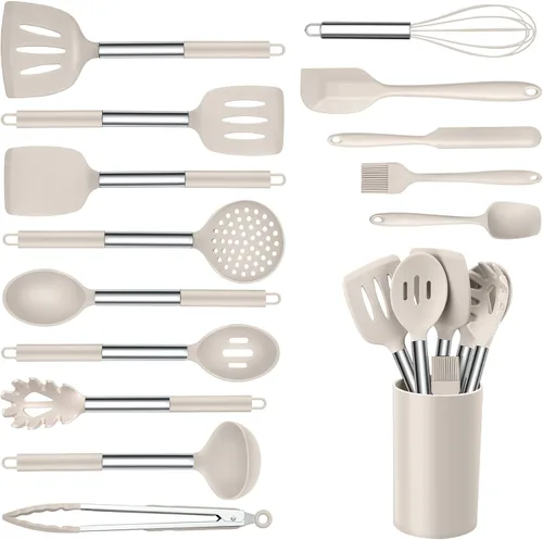 Vista 14 de Onader Juego de 10 utensilios de cocina de silicona, con soporte y mango de acero inoxidable resistente al calor para utensilios de cocina Negro