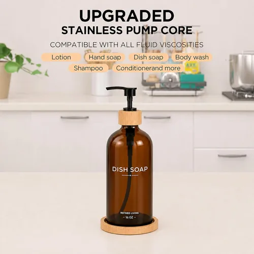 Vista 4 de Dish Soap Dispenser, 16 OZ Glass Kitchen Soap Dispenser with Bamboo Pump and Tray, Refillable Hand Soap Dispenser for Kitchen Countertop, Modern
