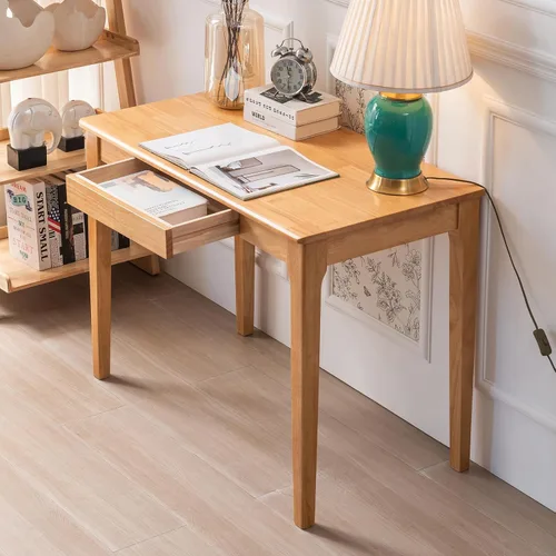 Vista 11 de Escritorio de madera maciza con cajones, escritorio de computadora pequeño para espacios pequeños, escritorios de estudio de juegos, oficina en casa