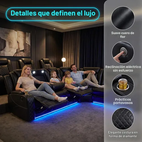 Vista 4 de Juegos de muebles de sala de Toseslo, juego de sofá reclinable eléctrico, seccional de 2 reclinables de cuero negro con luz LED, juegos modernos