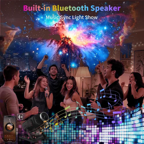 Vista 10 de FlyLily Proyector de galaxia 3D, proyector dinámico de estrellas con ruido blanco y altavoz Bluetooth, proyector de luz nocturna de 60 escenas