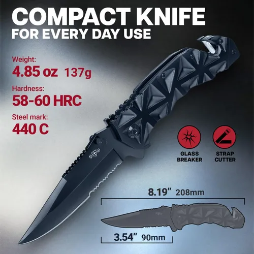 Vista 3 de Pocket Knife for Men - Serrated Sharp 3.5" Folding Blade - Multifunction Tool with Wire Cutter Glass Breaker - Perfect Knives for Outdoor Cooking