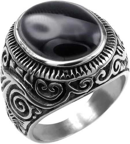 Vista 2 de XAHH - Anillo de acero inoxidable para hombre, diseño de ágata ovalada, color plateado y negro