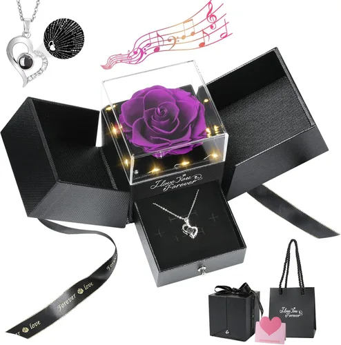 Vista 12 de Emibele - Regalos de rosa preservada para mujer, caja de rosa eterna con collar de corazón, regalos románticos con mensaje "te amo" para mujeres