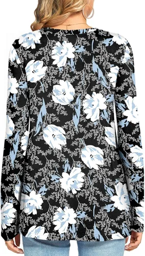 Vista 3 de HOTGIFT Blusa de manga larga con cuello redondo para mujer, para otoño, invierno, holgada, cómoda, suave, con bolsillo