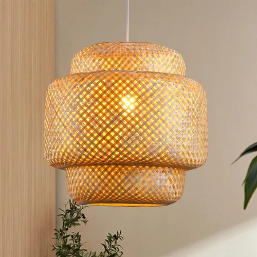 Vista 13 de Luces Colgantes Bohemias, Candelabro de Ratán de 1 Luz de 15.7", Luz Colgante de Mimbre Tejida a Mano con Pantalla de Jacinto de Agua, Luz Colgante