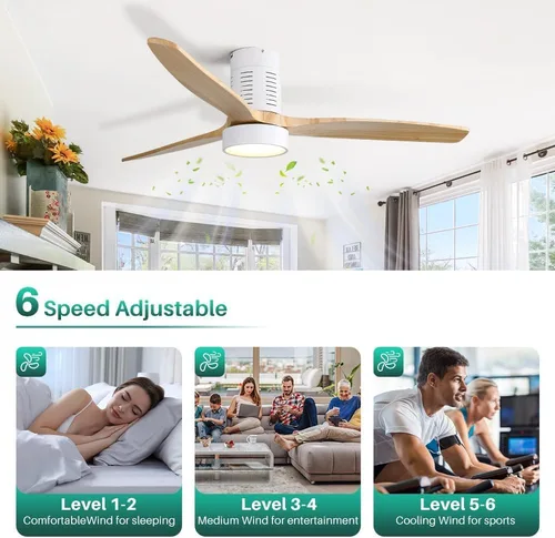 Vista 11 de Sofucor Ventiladores de techo de 52 pulgadas con luces y control remoto, moderno ventilador de techo de madera de perfil bajo, regulable LED, motor