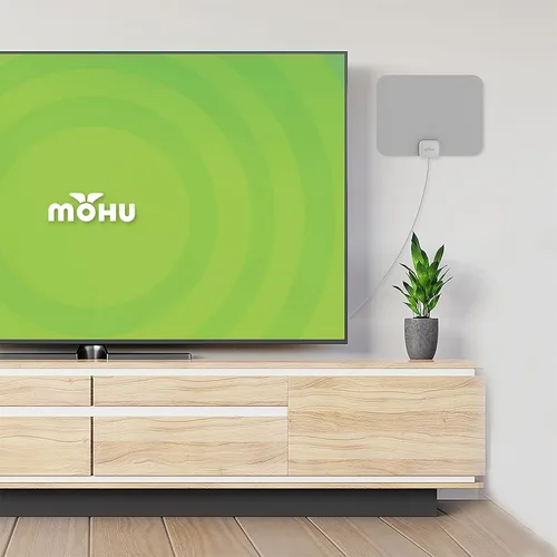 Vista 2 de Mohu Leaf Amplified - Antena de TV para interiores ultrafina, rango de 60 millas, amplificador Jolt Switch, UHF VHF, multidireccional, 4K UHD, TV