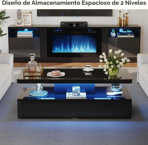 Vista 5 de MXV - Mesa de café moderna, mesas de café de 40 pulgadas con luces LED de 16 colores, mesa central rectangular de 2 niveles, gran espacio de 40