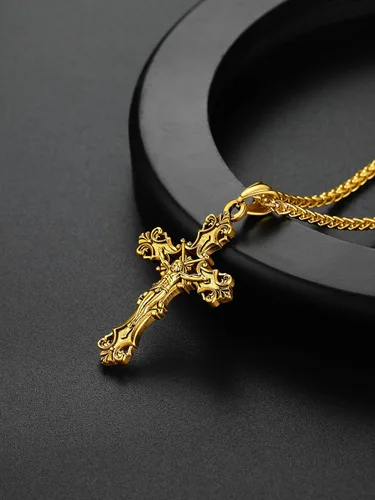 Vista 8 de ChainsHouse Collar de cruz para hombre, chapado en oro de 18 quilates, acero inoxidable, joyería cristiana, collar con colgante de cruz