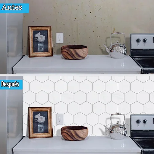 Vista 4 de Azulejos hexagonales de alta calidad para despegar y pegar, blanco impermeable para salpicaduras, azulejos de mármol autoadhesivos para cocina, baño