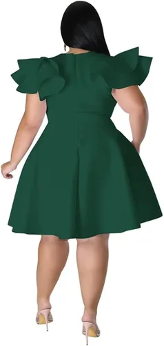 Vista 3 de C.AMOUR Womens Plus Size Swing Dress Short Ruffle Sleeve Round Neck Wedding Party Cocktail Dresses with Pockets