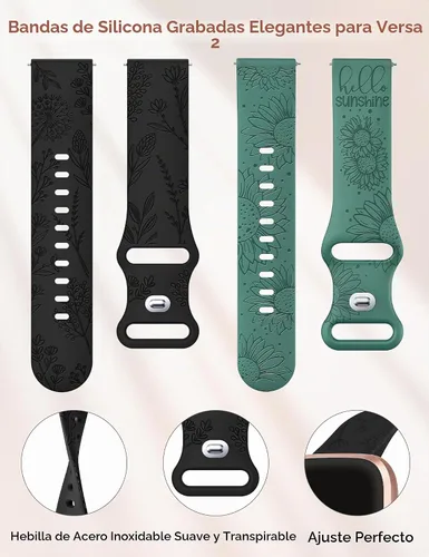 Vista 4 de Minyee Paquete de 2 correas con grabado floral compatibles con Fitbit Versa 2/Fitbit Versa/Versa Lite para mujeres, linda correa deportiva