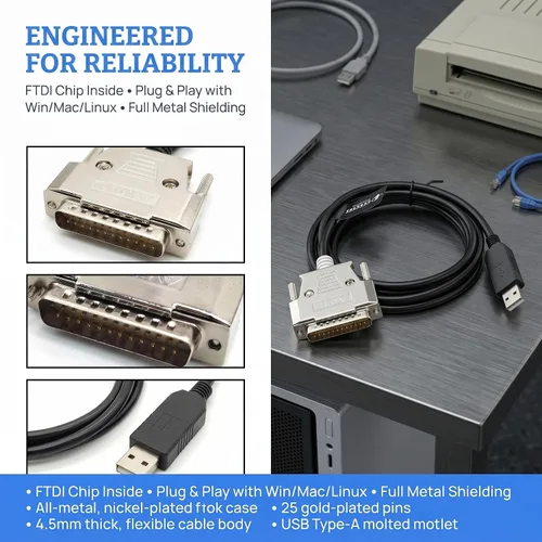 Vista 4 de Cable de impresora paralelo USB a DB25 con chip FTDI, cable USB macho a puerto serie DB25 macho, compatible con sistemas Windows, Vista, Linux