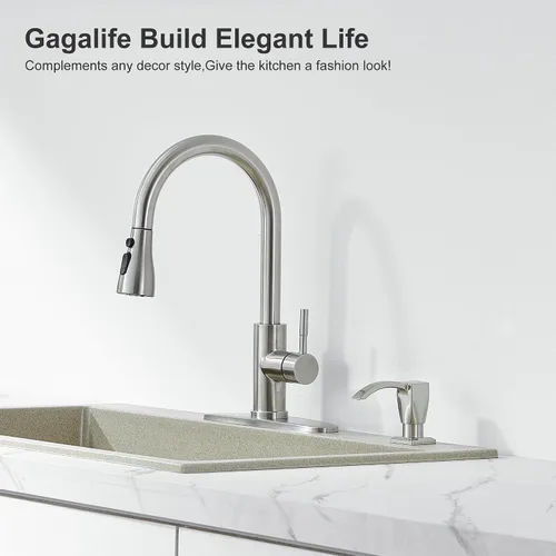 Vista 3 de GAGALIFE - Dispensador de jabón para fregadero de cocina, de níquel cepillado, dispensador de jabón integrado para fregadero de cocina con tubo