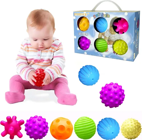 Vista 17 de Pelotas sensoriales, juguetes Montessori con sonajero de bebé de 3 a 6 meses 6 Multiple Textured Stress Balls with Blue Rattle, Bright