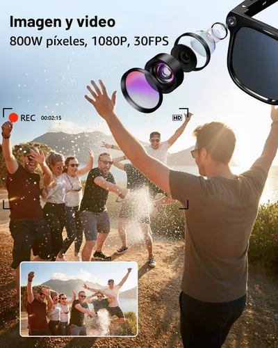 Vista 3 de CJkao Lentes inteligentes con cámara, música y llamadas Bluetooth, gafas de cámara HD de 800 W, grabación de video 1080P, control de asistente