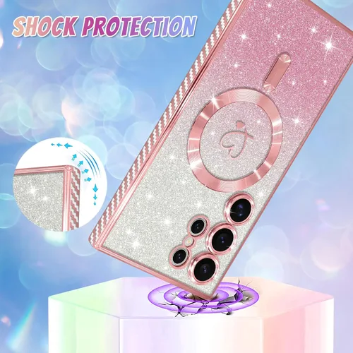 Vista 613 de Bonoma - Funda compatible con Samsung Galaxy S21 Plus, diseño de corazón con purpurina, color rosa Support for MagSafe, Plating Magnetic Case TPU