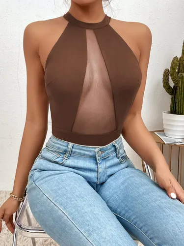 Vista 6 de SweatyRocks Body sin mangas para mujer, cuello redondo, corte alto, de malla, sin mangas