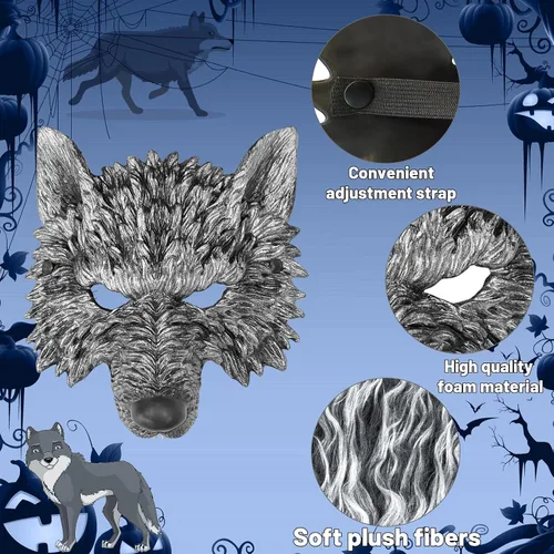 Vista 3 de Máscara de lobo con cola y guantes, disfraz de hombre lobo para hombres, mujeres y niños, disfraz de fiesta de Halloween, cosplay