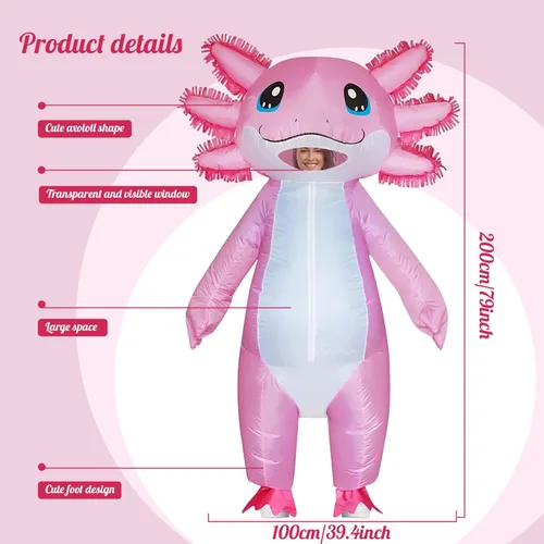 Vista 6 de Weduspaty Disfraz inflable para adultos, disfraz de ajolote de 7 pies, disfraz de Halloween, disfraz inflable rosa para hombres y mujeres, disfraces