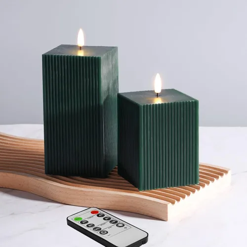 Vista 10 de Velas sin llama rosas con control remoto, velas LED cuadradas con nervaduras, juego de 2, velas alimentadas por batería parpadeantes, cera real, Φ