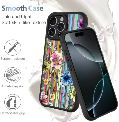 Vista 5 de AIGOMARA Magnetic Case for iPhone 16 Pro, Striped Floral - Black Black - Striped Floral