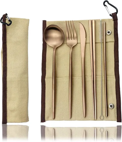 Vista 30 de JASHII Juego de cubiertos de viaje de acero inoxidable, tenedor, cuchara, cuchillo, pajilla, cubiertos reutilizables con estuche, juego de Rosa