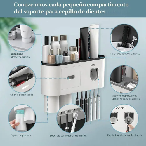 Vista 5 de Soportes para cepillos de dientes montados en la pared, soporte para cepillos de dientes con dispensadores automáticos de pasta de dientes, 6