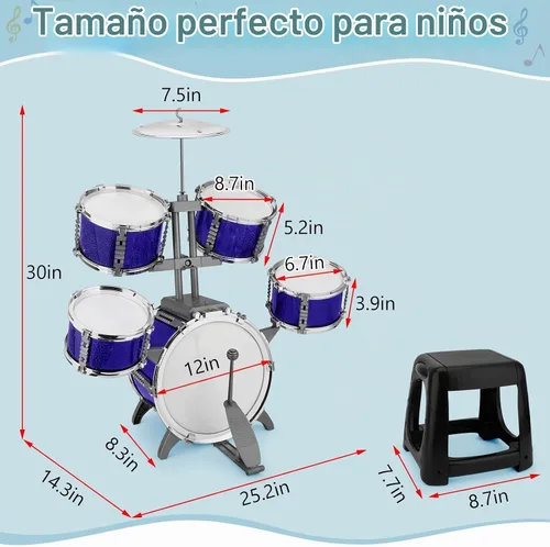 Vista 4 de Juego de batería para niños, 5 piezas, kit de batería de jazz con taburete Azul