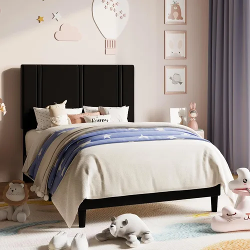 Vista 3 de Allewie Twin Platform Bed Frame with Velvet Upholstered Headboard