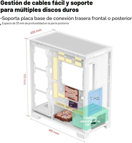Vista 6 de SAMA NEVIEW 4503 Chasis Mid Tower para PC con paneles de vidrio templado dobles, ventiladores ARGB de 4×120mm preinstalados, chasis ATX de alto