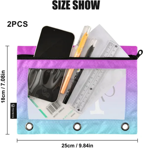 Vista 3 de Estuche para lápices personalizado degradado morado para 3 anillas, bolsa de lápices personalizada con cremallera, estuche transparente