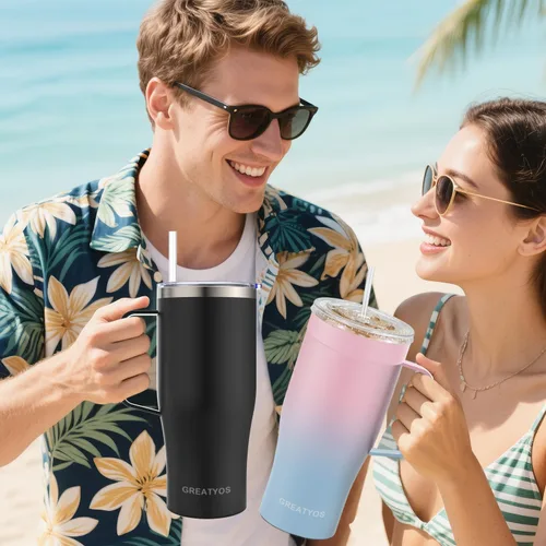 Vista 6 de Funda universal para café helado con asa - Soporte aislante de acero inoxidable reutilizable de doble pared para bebidas frías que se adapta a tazas