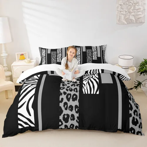 Vista 12 de Juego de funda de edredón con estampado de leopardo, tamaño individual, juego de ropa de cama rústica con rayas de piel de cebra, decoración