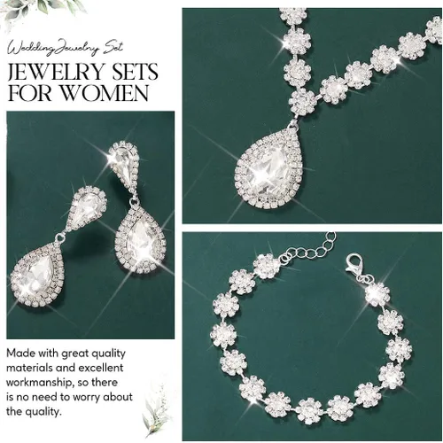 Vista 7 de Unicra Juego de joyas de boda para novia, collar de diamantes de imitación de plata, aretes y pulseras, joyería formal para mujeres y novias
