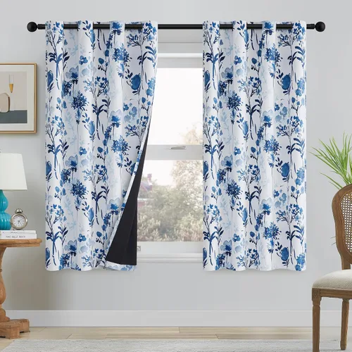 Vista 2 de Cortinas opacas 100% opacas con flores de 54 pulgadas de largo, color azul mixto para oscurecer la habitación, paneles de cortina para dormitorio